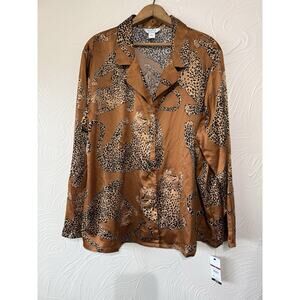 Sofia Intimates Leopard Pajama Top Notch Collar Satin Sleep Shirt 2X NWT